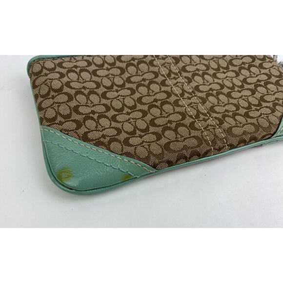 VTG Coach Wristlet Wallet Monogram Brown Canvas Teal Patent Leather Classic - Picture 4 of 9